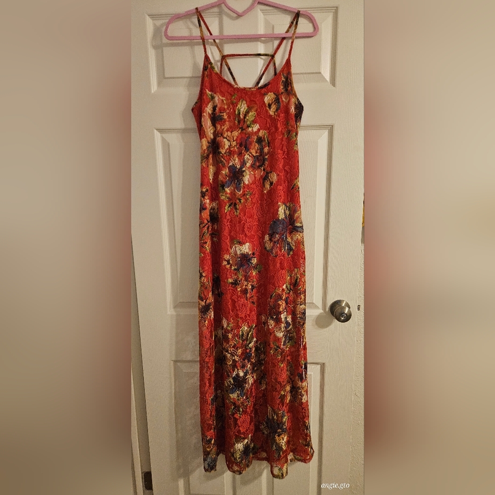 Fire Los Angeles Red Floral Maxi Dress With Lace Overlay.